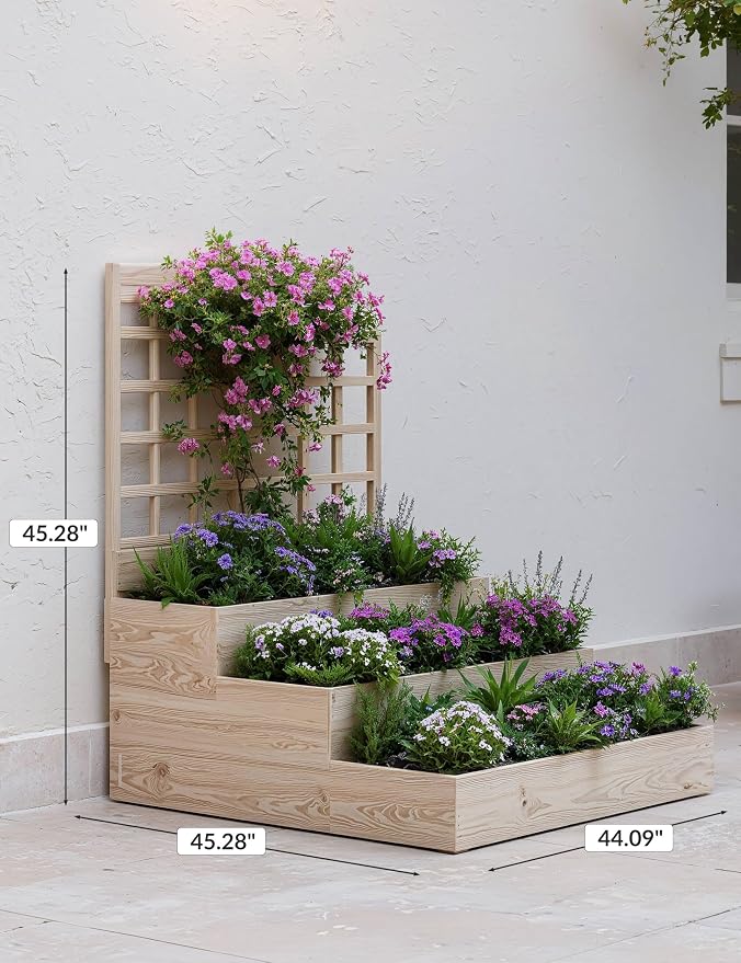 GarveeLife 3-Tier Raised Garden Bed,Wooden Vertical Planters with Trellis & Open-Ended Base for Climbing Plants Vines Flower Herb Vegetable Fruit,Outdoor Planter Boxes for Patio Yard Lawn