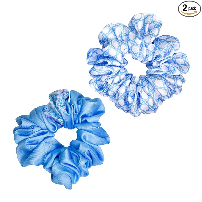 Lilly Pulitzer Blue Scrunchie Set, 2-Pack Satin Scrunchies, Cute Hair Ties for Women and Girls, Soleil It On Me