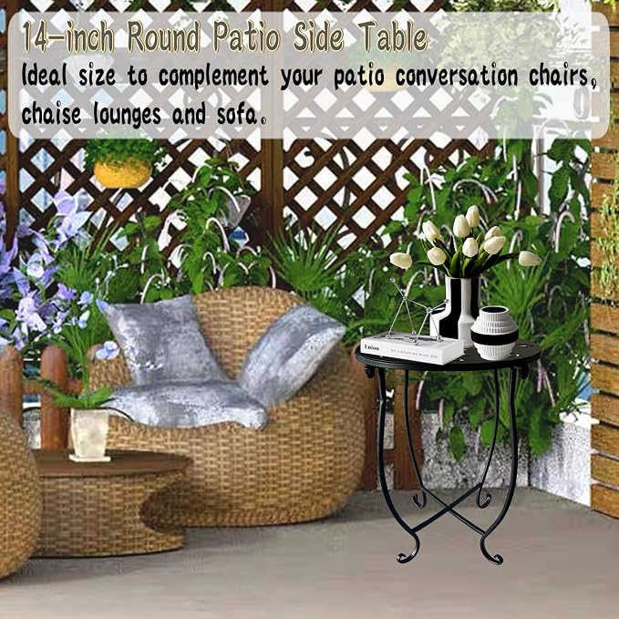 Outdoor Side Table, 14-inch Small Round Metal Patio Table with Flower Cut-Out Design, Modern Rust-Proof Portable End Table Patio Side Table for Outside Garden Balcony Yard & Indoor Use 1 Pack