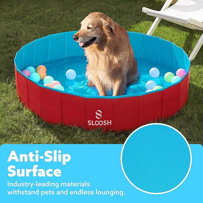 SLOOSH Foldable Dog Kiddie Pool - Portable Hard Plastic Doggie Swimming Pool, Anti-Slip Collapsible Pets Bath Tub Suitable for Kids Indoor Outdoor Backyard Use (Red, 48" x 12")