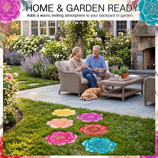 Landical 6 Pack Decorative Stepping Stones for Garden 10 Inch Cement Flower Stepping Stones Decoration for Patio Walkway Yard Outdoor(Camellia)