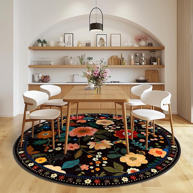 RELEANY Floral Washable Round 6ft Area Rug Black | Flower Carpet, Print, Boho, Non-Slip, Easy to Clean, Soft, Low Pile for Living Room Bedroom Kitchen Office Entryway Hallway