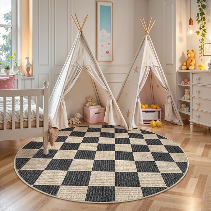 LIVEBOX Checkered Round Rug 4 Ft Washable Area Rug for Playroom Classroom, Kids Non-Slip Neutral Classic Circle Rug Geometric Carpet Soft Boys Nursery Rug for Dorm Bedroom(Black,120R)