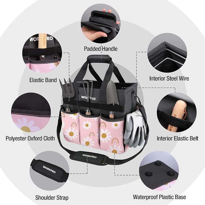 WORKPRO Garden Tool Bag Organizer, Heavy Duty Gardening Tote Bag with 10 Pockets and Long Adjustable Shoulder Strap, Standable Garden Home Tool Kits Organizer, Floral Pink - Pink Ribbon