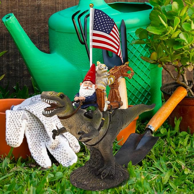 Funny Guy Mugs Garden Gnome Statue - T-Rex Fellowship - Indoor/Outdoor Garden Gnome Sculpture for Patio, Yard or Lawn - Funny Garden Statues