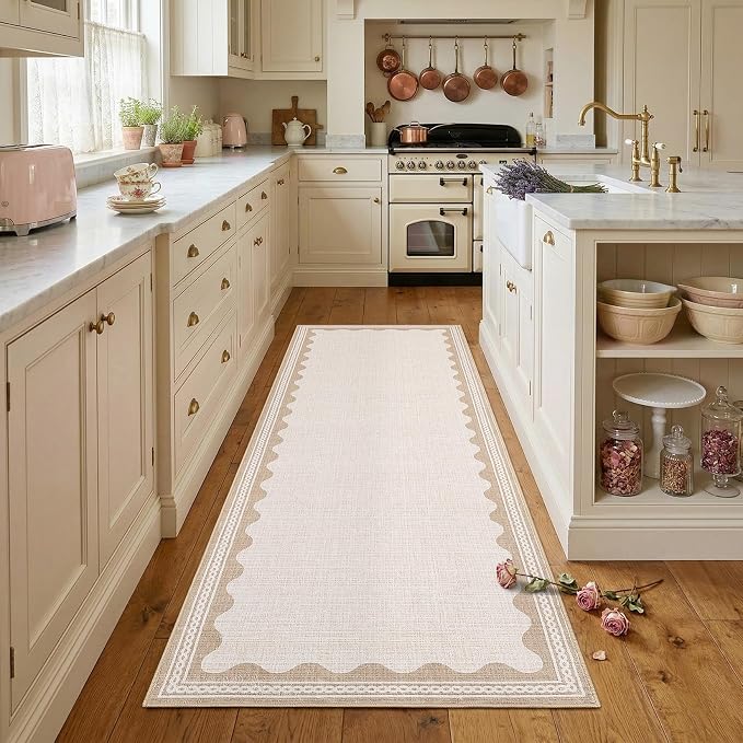 GarveeHome Scalloped 2x6 Runner Rug for Hallway Washable Kitchen Rugs Non Slip Solid Beige Modern Soft Low-Pile Indoor Carpet for Entryway Laundry Room Floor Mats