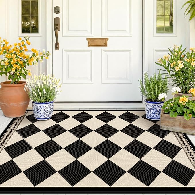 Black and White Diamond Outdoor Easy Jute Front Porch Rug 3x5, Washable Non-Slip Checkered Entryway Rug, Modern Farmhouse Boho Low Pile Indoor Beige White Carpet for Living, Kitchen, Mudroom, Laundry