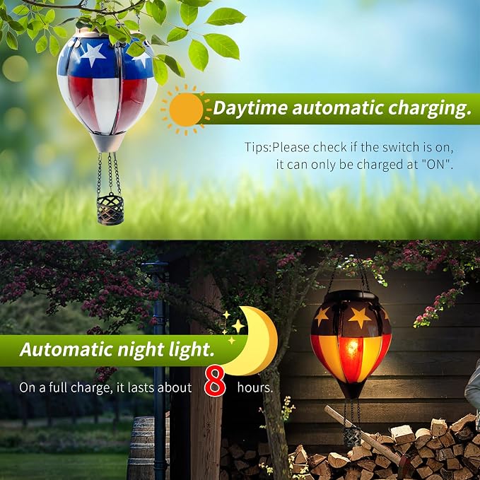 Glass Solar Hot Air Balloon Lantern with Flame Hanging Garden Flickering Light Outdoor Waterproof for Yard Patio Tree 4th of July Decorations, Flag-C