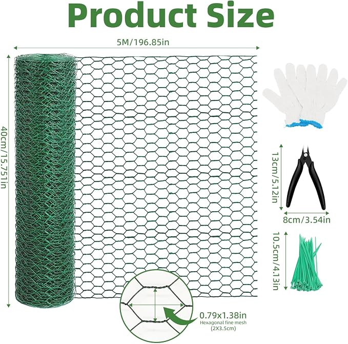 Chicken Wire for Floral Arrangements - Hexagonal Galvanized PVC Coated Poultry Wire Mesh Netting with Gloves, Wire Cutter & Zip Ties for Crafts, Poultry, Gardening Fence (15.7 x 196 lnches)