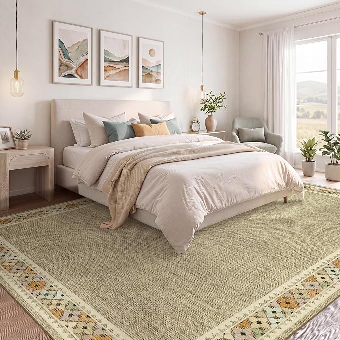 Garvee Large Area Rug 10x13 Rugs Tribal Border Washable Rug, Linen | Floral Border Area Rug Stain Resistant Easy Cleaning Throw Rugs Low Pile Floor Cover for Nursery Dining Room Apartment