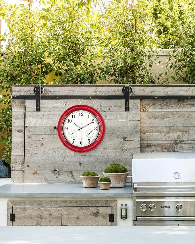 Outdoor Clocks Waterproof, 18 in Large Outdoor Clock for Patio w/Thermometer Combo, Silent Battery Operated Decorative Retro Wall Clock for Living Room/Bathroom/Pool/Indoor, Red
