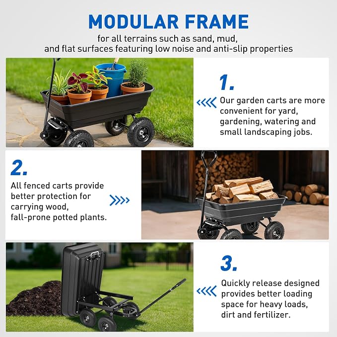 Yesker Garden Carts - 600lbs Dump Wagon with All Terrain Inflatable Wheels for Yard Lawn Farms Gardening - Heavy Duty Utility Outdoor Hauling Wheelbarrow
