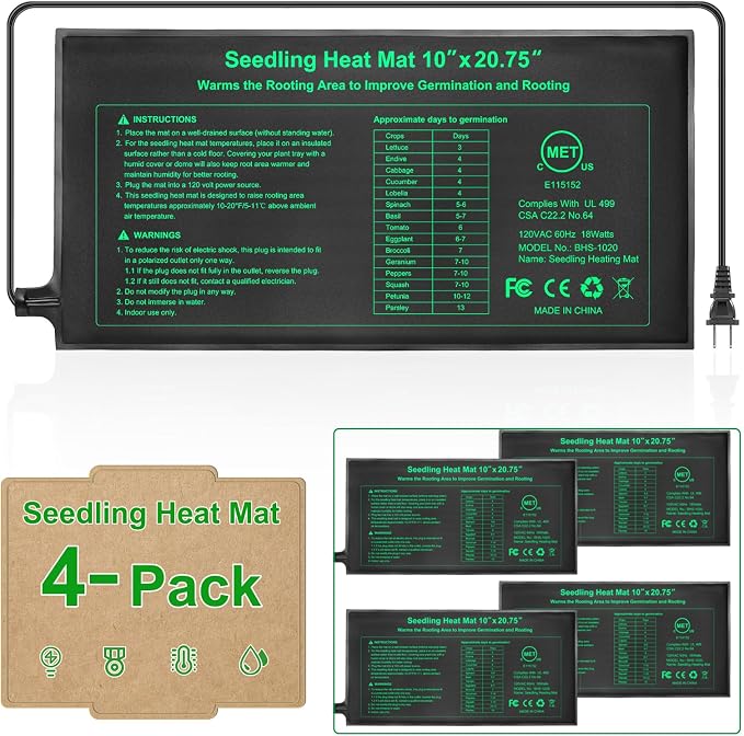 GOLOPET Seedling Heat Mat 4 Pack Dual Certified by MET and UL Plant Heating Mat Pad with Power Failure Protection Thermostatic Waterproof Suitable for Seedlings