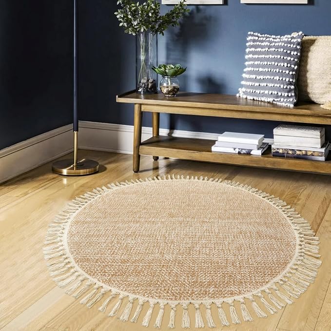 Hand Woven Circle Area Rug, Soft Hand Woven Cotton Washable Carpet | 4ft Modern Farmhouse Rugs with Tassels, Tan/Cream Round Rugs for Bedroom Living Room Dining Room Table Office