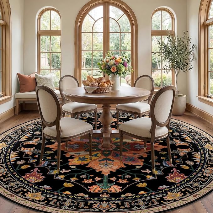 RELEANY Washable Area Rug, Round 8ft, Black/Colorful | Non-Slip, Water Repellent, Pet Friendly, Easy to Clean, Vintage Floral Boho Decor for Living Room Bedroom Dining Room