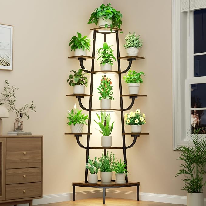 LATIBELL Corner Plant Stand Indoor with Grow Light, 72'' Tall Plant Shelf for Indoor Plants, 8 Tiered Metal Tree-Shaped Display Capable of Holding Large Pots for Home, Patio and Balcony, Black