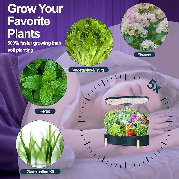 Hydroponics Growing System Indoor Garden:12 Pods Plant Kit Aeroponic Herb Vegetable Growth Lamp Countertop with LED Grow Light, Adjustable Height Up to 20.47inch (Black, One-Size)