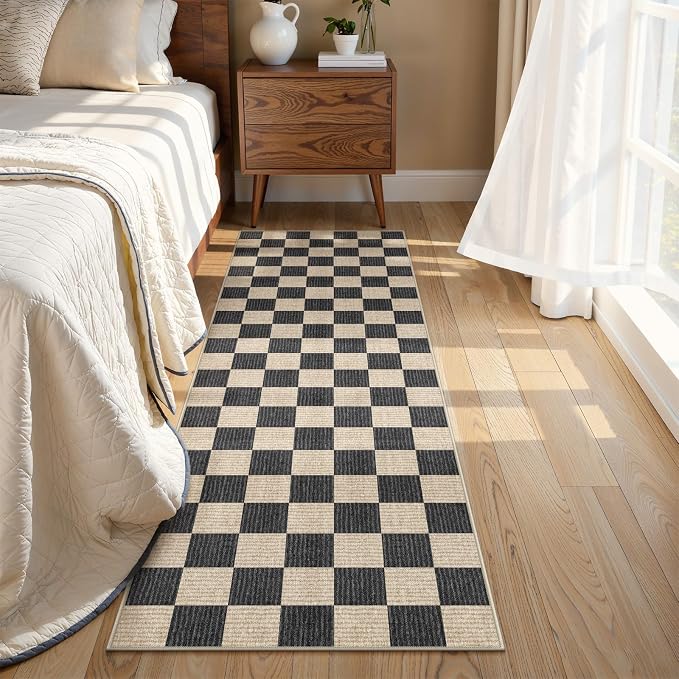 LIVEBOX Washable Runner Rug Checkered, 2x6 Black Runner Rugs for Hallway, Non-Slip Kitchen Runners, Farmhouse Neutral Classic Geometric for Hallways, Entryway, Bedroom, Bathroom(Black 2'x6')