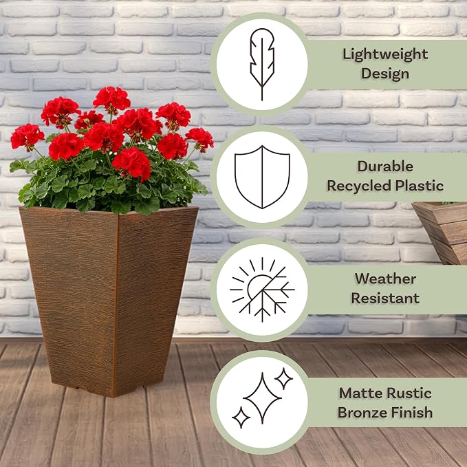 Large Outdoor Planters 2-Pack - 13.75-Inch Tall Planters for Outdoor Plants or Indoor Pots for Plants - Plastic Flower Pots for Patio, Entryway, or Front Porch Decor by Pure Garden (Bronze)