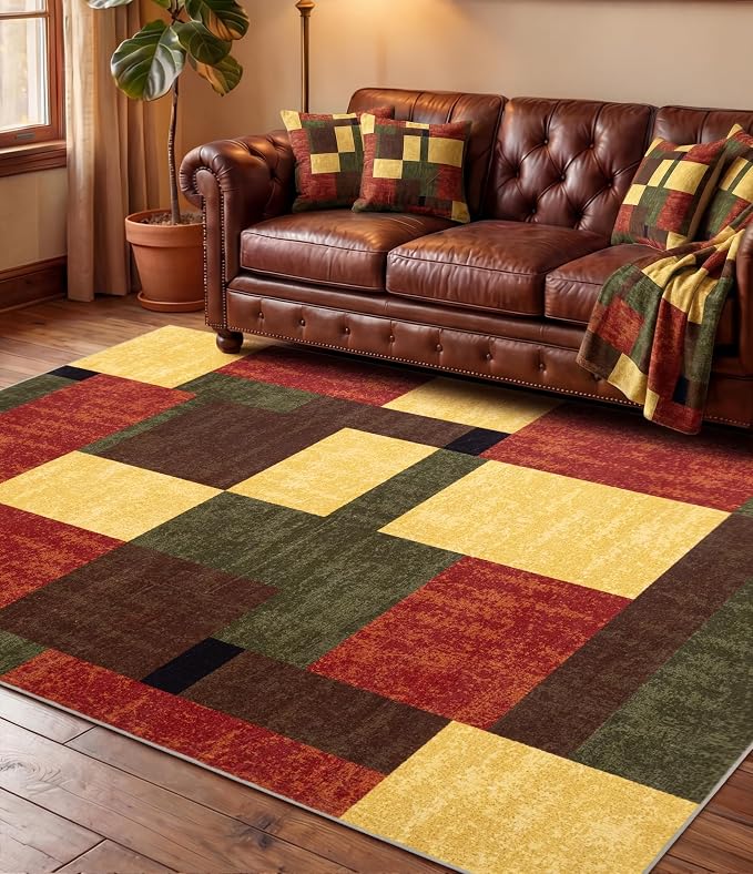 Red and Green Rug 4x6, Burgundy Farmhouse Vintage Rugs Washable for Living Room,Burnt Orange Area Rug Non Slip,Geometric Boho Area Rug for Kitchen,Dining Room,Bedroom