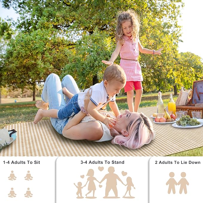 SAMSIER Outdoor Picnic Blankets Waterproof Foldable Sandproof, Large Gingham Cute Picnic Mat Washable Portable for Park Beach Camping Courtyard (Coffee, 60"×80")