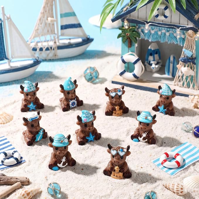 Yaomiao 60 Pcs Mini Resin Coastal Highland Cow Figurines Summer Ocean Highland Cow Statues Beach Coastal Farmhouse Decor Sea Cows Figure Table Decor for Holiday Festive Home Kitchen Tiered Tray