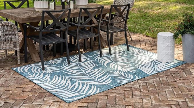 Unique Loom Outdoor Botanical Collection Area Rug - Palm (8' x 11' 4" Rectangle, Teal/ Ivory)