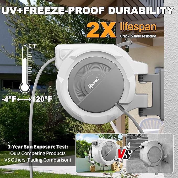 SILVEL Retractable Garden Hose Reel, 1/2 in x 115ft Wall Mount Heavy Duty Automatic Hose Reel with 10 Pattern Nozzle, Any Length Lock & Slow Return System, 180°Swivel Bracket Upgraded UV Resistant