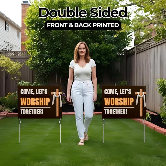 Come, Let’s Worship Together! Yard Sign by DC | 24"x18" Double Sided Church Garden Sign with 13” Metal Stakes | Outdoor Signs Waterproof for Lawn, Patio, Sidewalk & House | Set of 3 | Made in USA