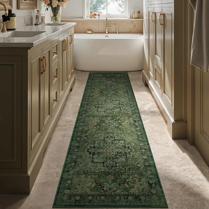 Green Medallion 3x7 Hallway Runner Rug, Washable Non Slip Runners for Kitchen Floor, Low Pile Thin Distressed Vintage Runner Carpet for Entryway/Mudroom/Foyer/Bathroom/Bedroom