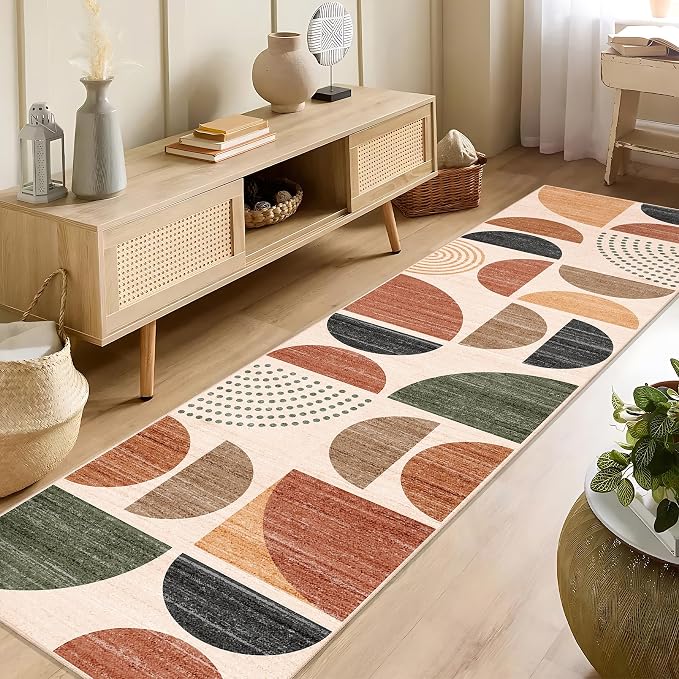 Boho Runner Rug Washable 2x8 Area Rugs Non Slip Modern Abstract | Long Throw Carpet for Hallways Kitchen Bedroom Entryway Bathroom Laundry Soft Low Pile Floor Indoor Bohemian Terracotta