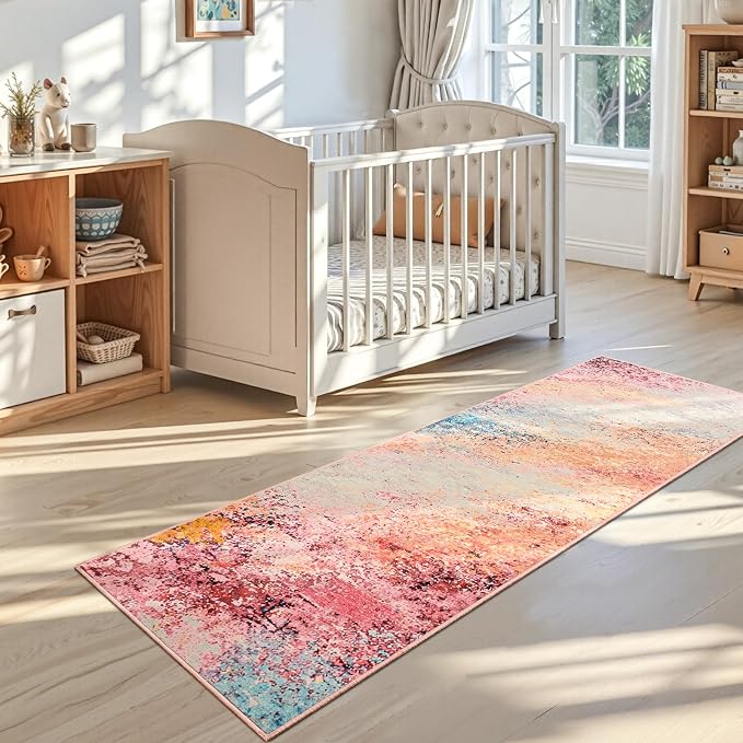 Toneed Washable 2x6 Non-Slip Abstract Runner Rug for Hallway Kitchen | Soft Modern Low Pile Area Rugs for Bedroom Laundry Living room,Indoor Carpet for Bedside Home Decor, Galaxy Pink