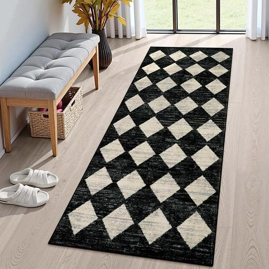 Lahome Zelie Washable Black and White Kitchen Runner Rug, 2x5 Soft Non Slip Laundry Room Bathroom Runner Rugs, Moroccan Trellis Low Pile Carpet Runners for Entryway Bedside