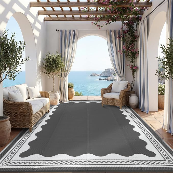 Garvee Outdoor Rug 9x12 Scalloped Waterproof Patio RV Outdoor Rugs Reversible Foldable Plastic Straw Rug Modern Camping Carpet for Deck Camper Porch Balcony Backyard Picnic Beach Grey