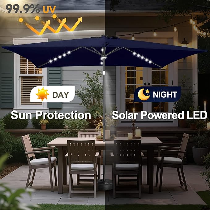 6.5x10 FT LED Lighted Rectangular Solar Patio Umbrella, Rectangular Solar Umbrella Outdoor with Center Ring Light 28 LED Lights, Rectangle Table Umbrella for Deck, Yard, Pool (Navy Blue)