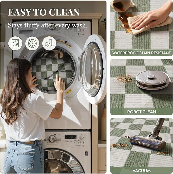 LIVEBOX Checkered Round Rug 6 Ft Washable Area Rug for Playroom Classroom, Kids Non-Slip Neutral Classic Circle Rug Geometric Large Carpet Soft Boys Nursery Rug for Dorm Bedroom(Sage Green,180R)
