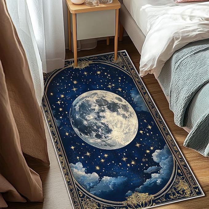 Boho Area Rug for Living Room Vintage Full Moon 3x5 Entryway Rug Modern Celestial Stars Rugs Non Slip Low Pile Machine Washable Blue Golden Floor Carpet for Indoor Bedroom Dining Room Kitchen