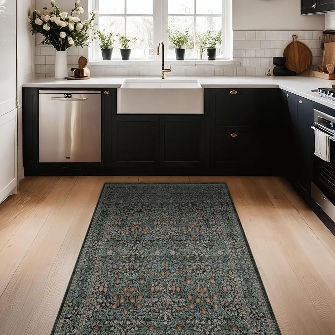 Dark Green 4x6 Entryway Rug, Washable Area Rug 4x6 for Living Room, Bedroom, Large Kitchen, Ultra Soft Non Slip Stain Resistance, Floral Distressed Aethestic Design