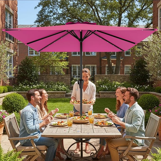 AreShark 8' X 10' Rectangular Patio Umbrella with Solar Lights, Lighted Solar Umbrella with Crank, Outdoor Table Umbrella for Garden, Deck, Backyard, Pool and Beach, Rose Pink