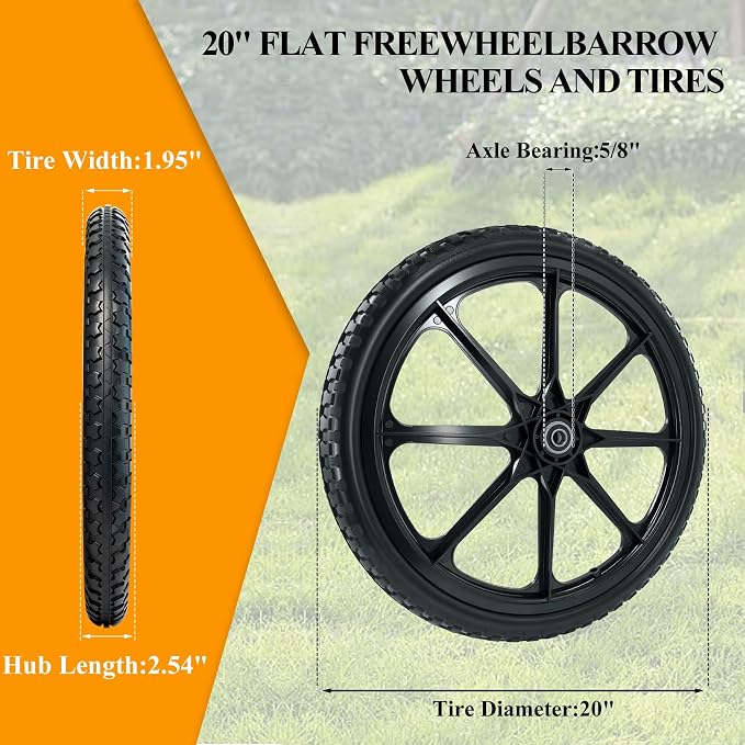 20” Flat Free Wheelbarrow Wheels and Tires, with 2.45” Centered Hub, 5/8” Extra 3/4”Bearing, Compatible with Rubbermaid Wheelbarrow wheels, Garden Carts (2 pcs) (black)