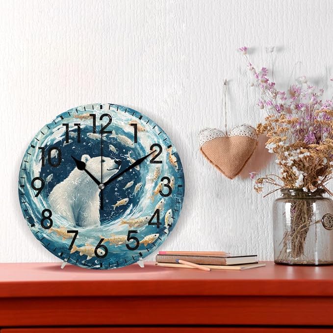 ALAZA Home Decor Polar Bear Fish Round Acrylic 9.84 Inch Wall Clock Non Ticking Silent Clock Art for Living Room Kitchen Bedroom