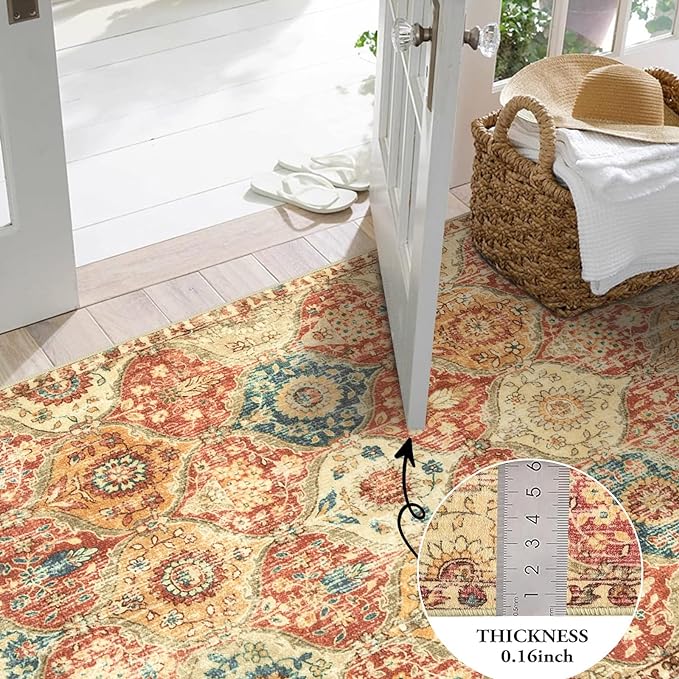 Lahome Kitchen Rugs Non Slip Washable Rugs for Entryway, 2x4 Rug Non-Slip | Moroccan Trellis Ultra-Thin Indoor Door Mat Small Carpet for Bathroom Bedroom Entry Elise, Red/Orange