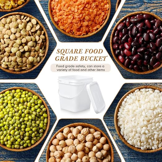 Mumufy 5 Pcs 3.5 Gallon Square Food Grade Bucket with Lid Square Bucket Pail Plastic Handles for Long Term Food Storage, Camping, Fishing, Home Organization Easy Stack and Store (White)