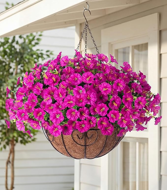 Artificial Fake Hanging Flowers Plants Baskets for Outdoor Spring Summer Decoration, Faux Silk Morning Glory in Planter UV Resistant Realistic for Home Outside Porch Patio Balcony Garden Yard, Fuchsia