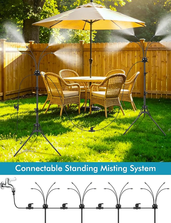Standing Misters for Outside Patio, Adjustable Height 5.25FT Misting System for Cooling Outdoor, Portable Water Mister with 26.5FT Misting Line for Garden, Backyard,BBQ Party Pool Water Playing