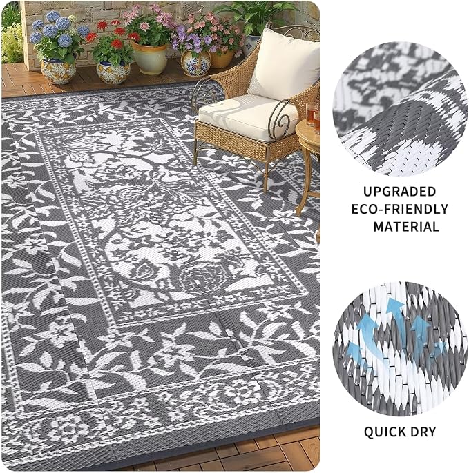 Garvee Outdoor Rug 9x12, Waterproof Reversible Foldable Plastic Straw Rug, Botanical cottagecore Outdoor Rugs Patio Camping RV Carpet for Deck Camper Porch Balcony Backyard Picnic Beach Grey