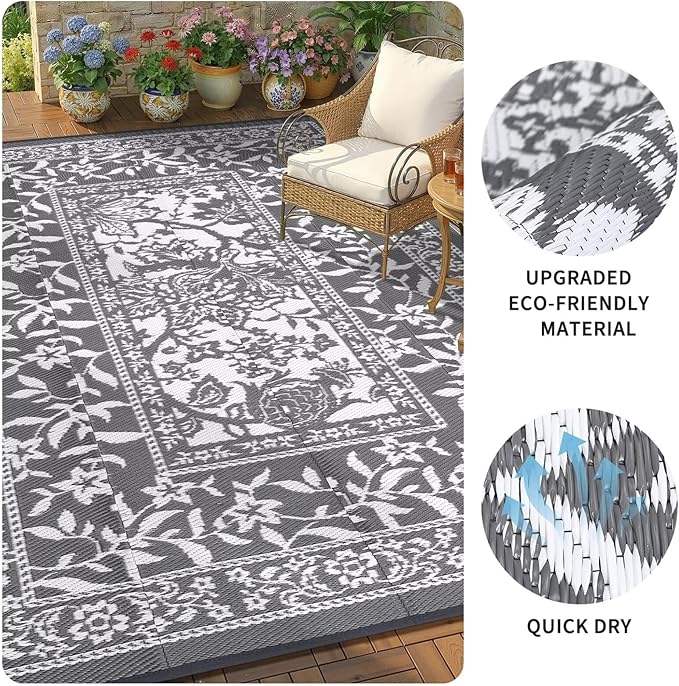 Garvee Outdoor Rug 6x9, Waterproof Reversible Foldable Plastic Straw Rug, Botanical cottagecore Outdoor Rugs Patio Camping RV Carpet for Deck Camper Porch Balcony Backyard Picnic Beach Grey