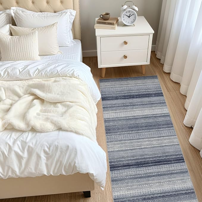 Nakagishi Boho 2x6 Runner Rug Machine Washable Rugs Non Slip Denim Blue | Soft Underfoot, Stain Resistant, Carpet for Bedroom/Kitchen/Entryway/Hallway, Bathroom Pet & Kid Friendly Moroccan Farmhouse