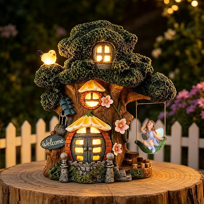 Fairy House Garden Outdoor Decor, Large Garden Gnome House and Fairy Figurines with Solar Lights Waterproof Resin Ornaments Decorations for Patio Yard Lawn