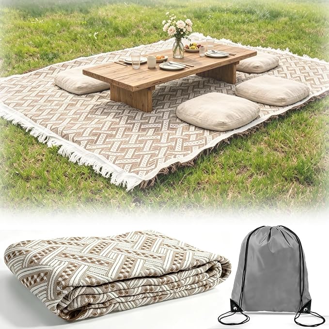 91'' x 71''Extra Large Outdoor Boho Picnic Blanket,Woven Cotton Yarn Blanket with Fringe for Boho Decor Camping Lawn Wedding Photoshoot Beach Park Grass (Brown)
